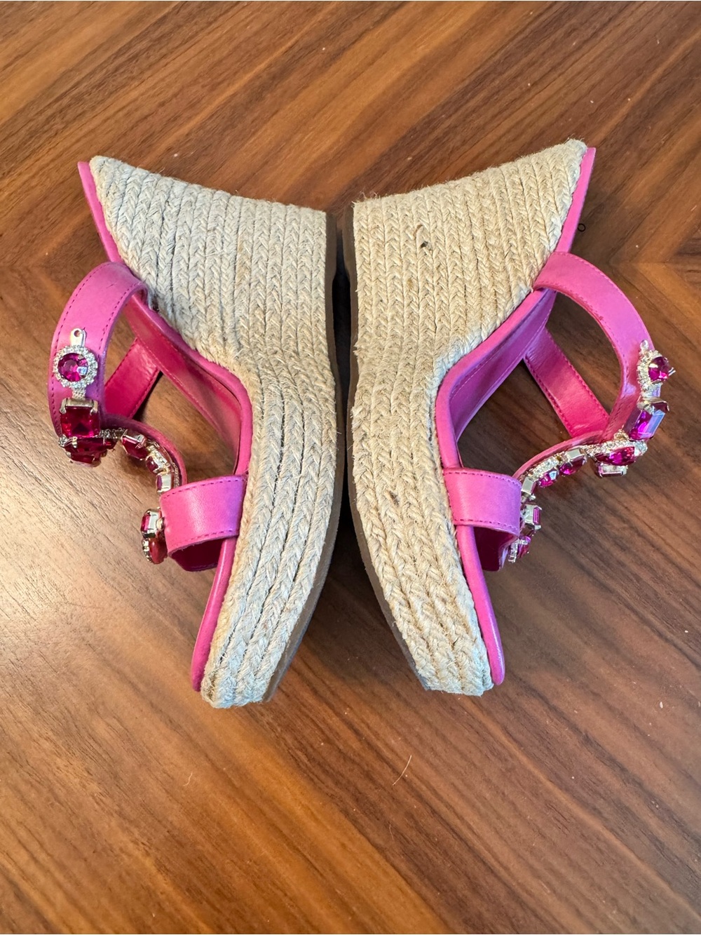 Arezzo Pink Leather Jeweled Espadrille Wedge Sandals Crystal Platform Size 9US - Picture 8 of 13